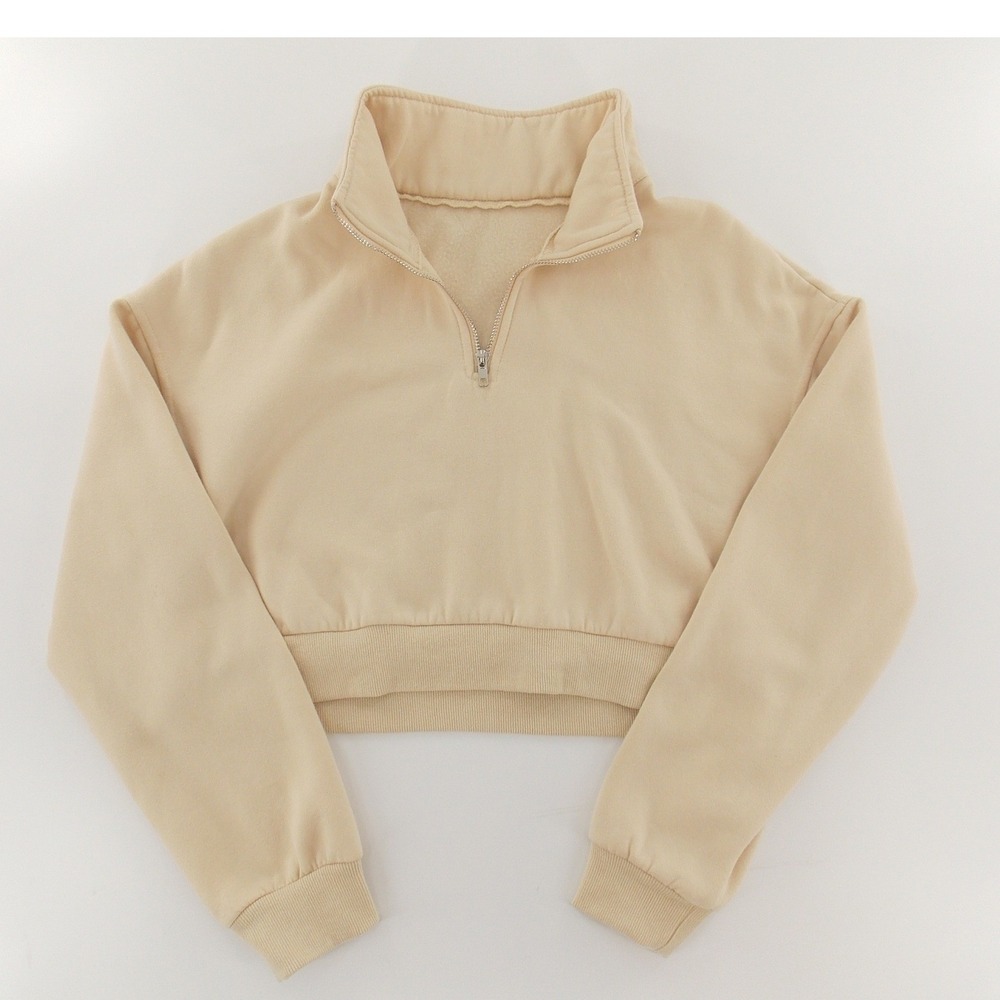 Unbranded Quarter Zip Pullover Cropped Sweatshirt Women Size Large Beige Solid